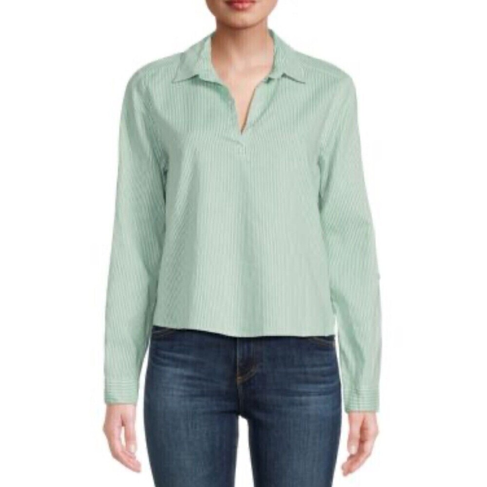 Saks Fifth Ave Green Linen Blend Popover Shirt M Striped Classic Collared Preppy